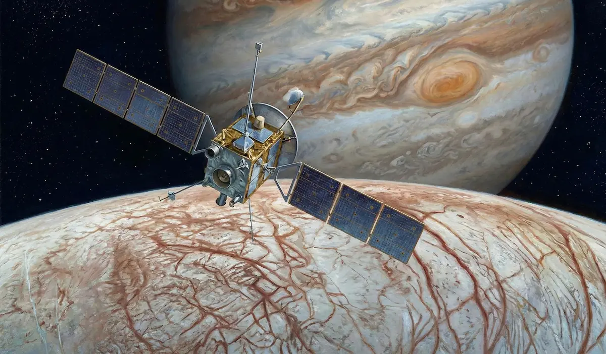 Vue d'artiste de la sonde Europa Clipper survolant Europe