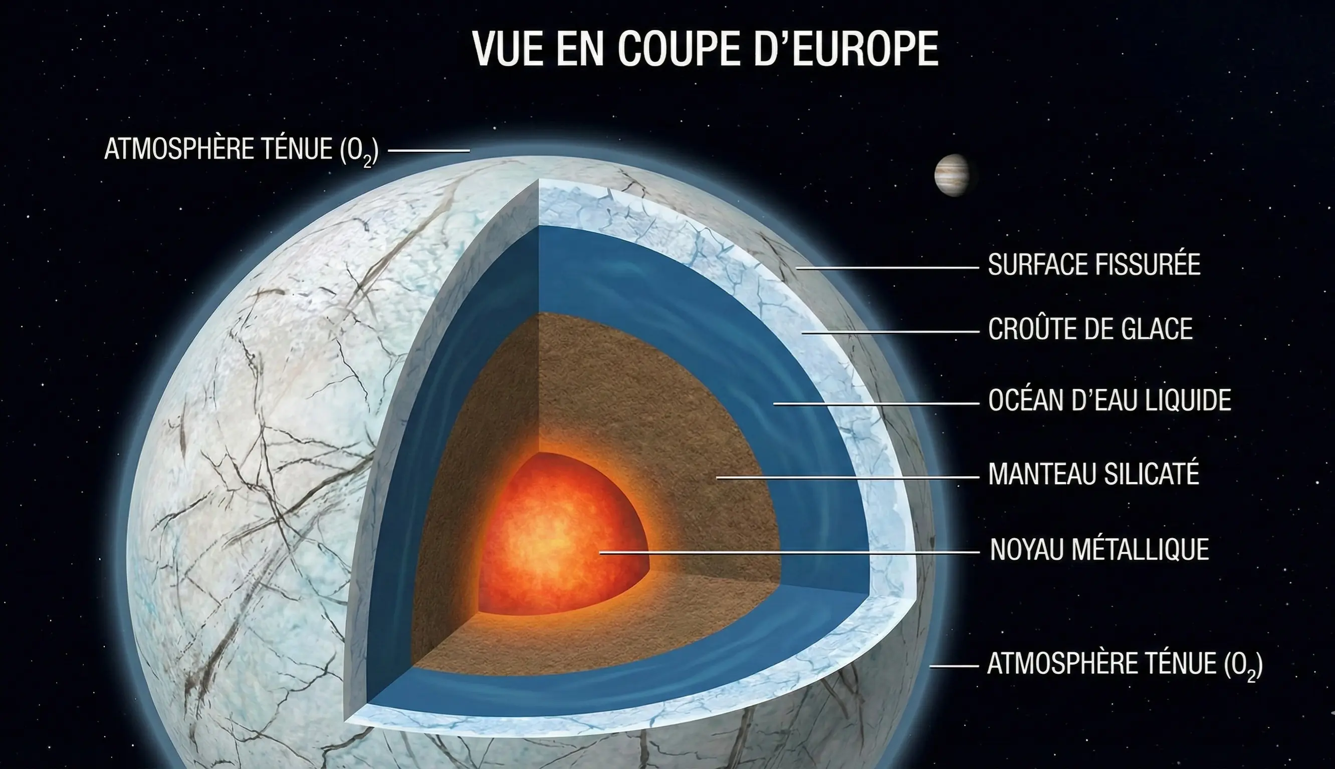 Coupe transversale de la lune Europe montrant l'océan souterrain